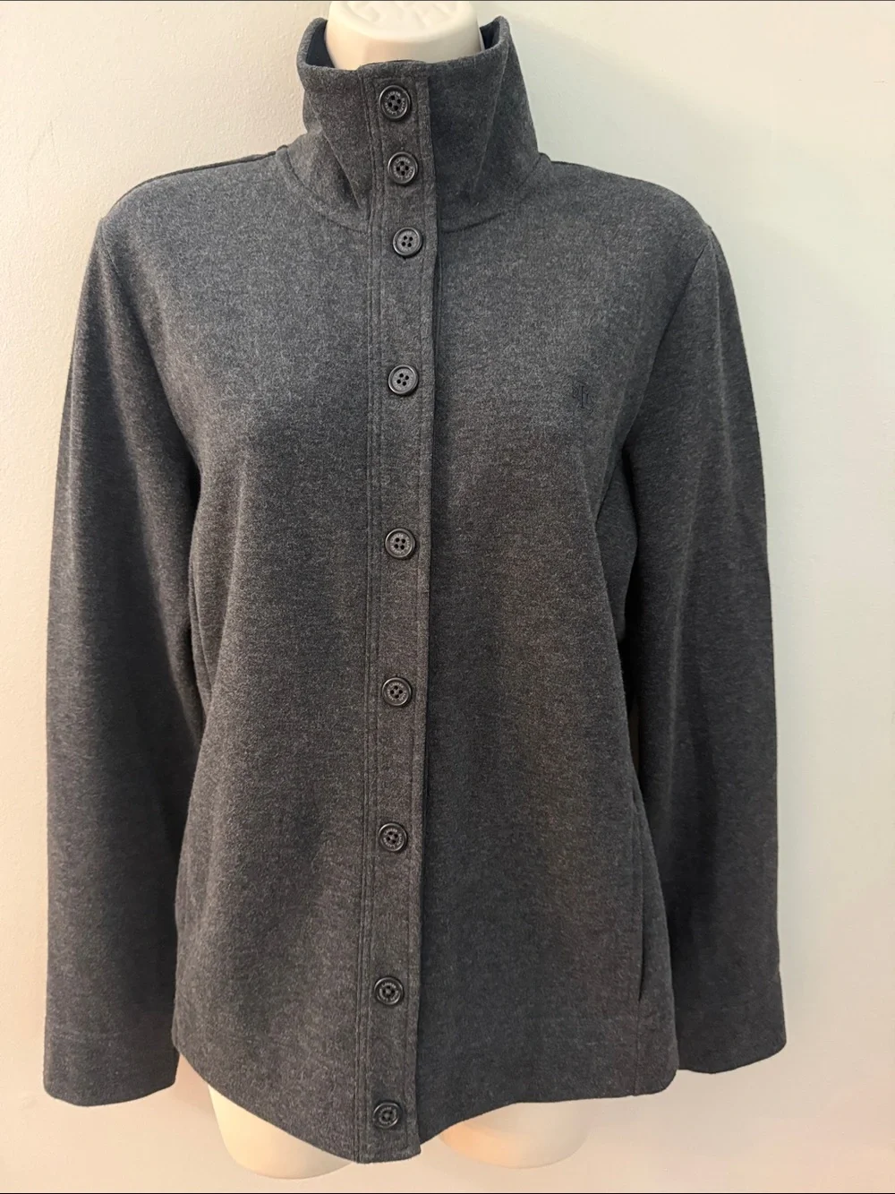 Lauren Ralph Lauren Charcoal Button-Up Funnel Neck Sweater